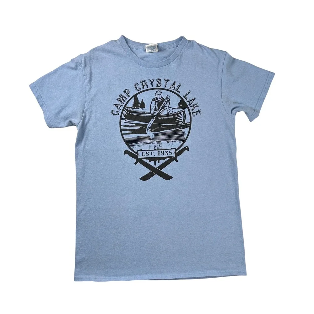 Friday the 13th Camp Crystal Lake Jason Voorhees Blue Graphic T-Shirt Mens Small
